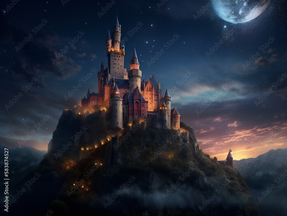 enchanted castle night scene, fairy tale atmosphere, detailed medieval architecture, generative AI