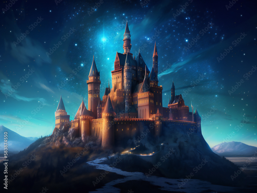 Fototapeta premium enchanted castle night scene, fairy tale atmosphere, detailed medieval architecture, generative AI