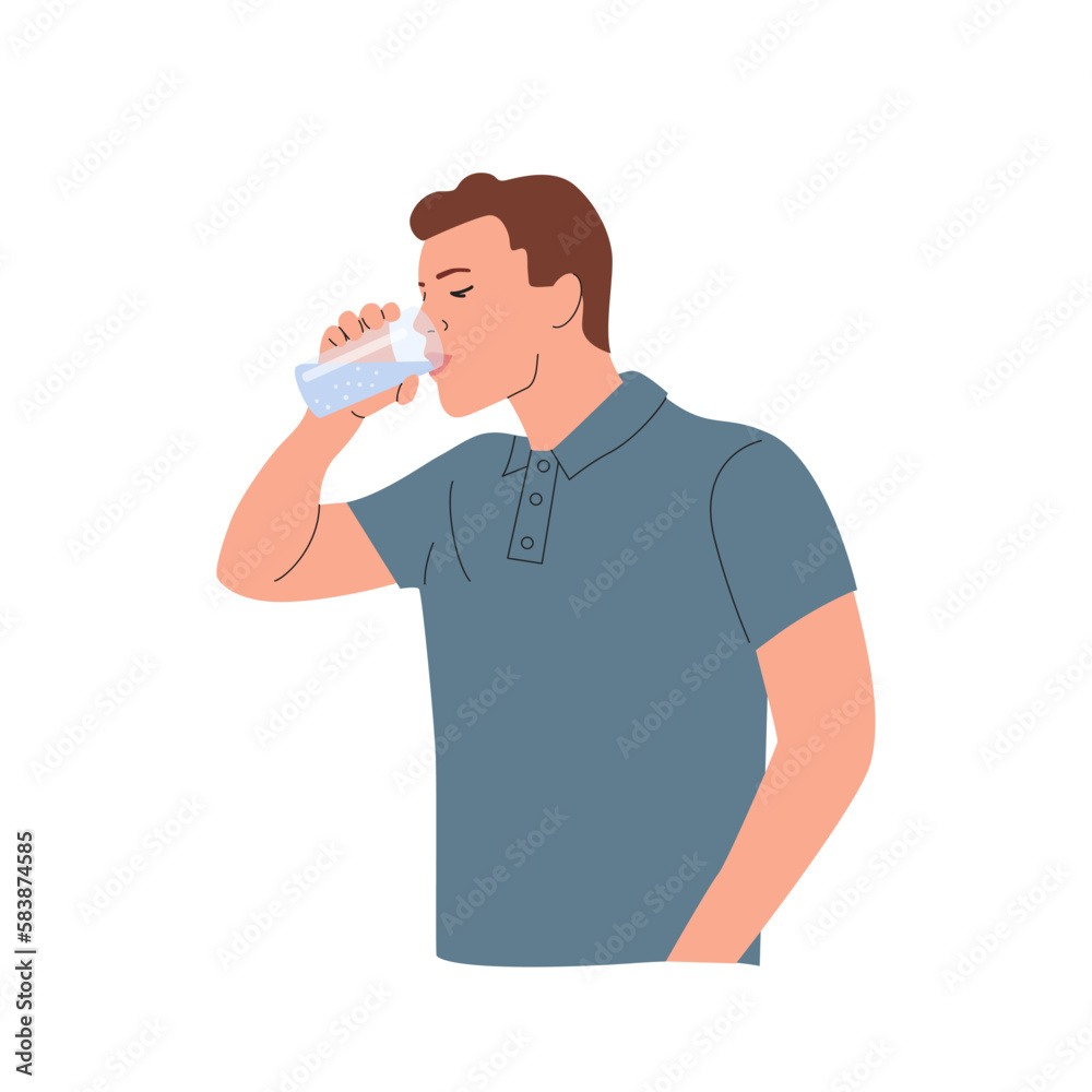 Healthy young man drinks water from a glass isolated. Vector cartoon flat style illustration Healthy young man drinks water from a glass isolated. Vector cartoon flat style illustration