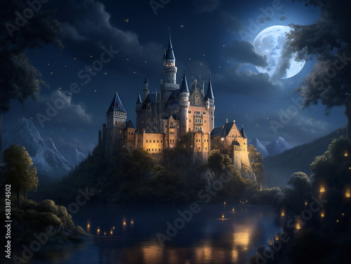 magical castle under starry night sky, fantasy landscape, stunning illustration, generative AI 