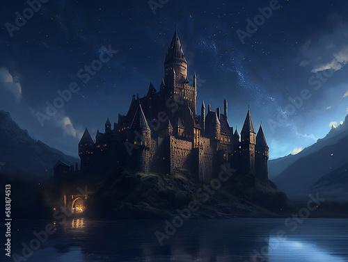 enchanted castle night scene  fairy tale atmosphere  detailed medieval architecture  generative AI