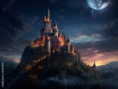 enchanted castle night scene  fairy tale atmosphere  detailed medieval architecture  generative AI