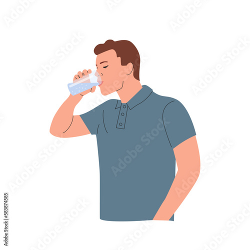 Healthy  young man drinks water from a glass isolated. Vector cartoon flat style illustration