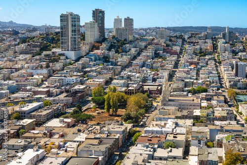 Elevated view of Russian Hill neighborhood and Washington Square seen from Coit Tower, San Francisco, California photo
