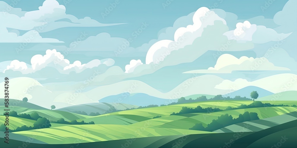 An illustration of a flat green field landscape with a blue sky background, Generative AI