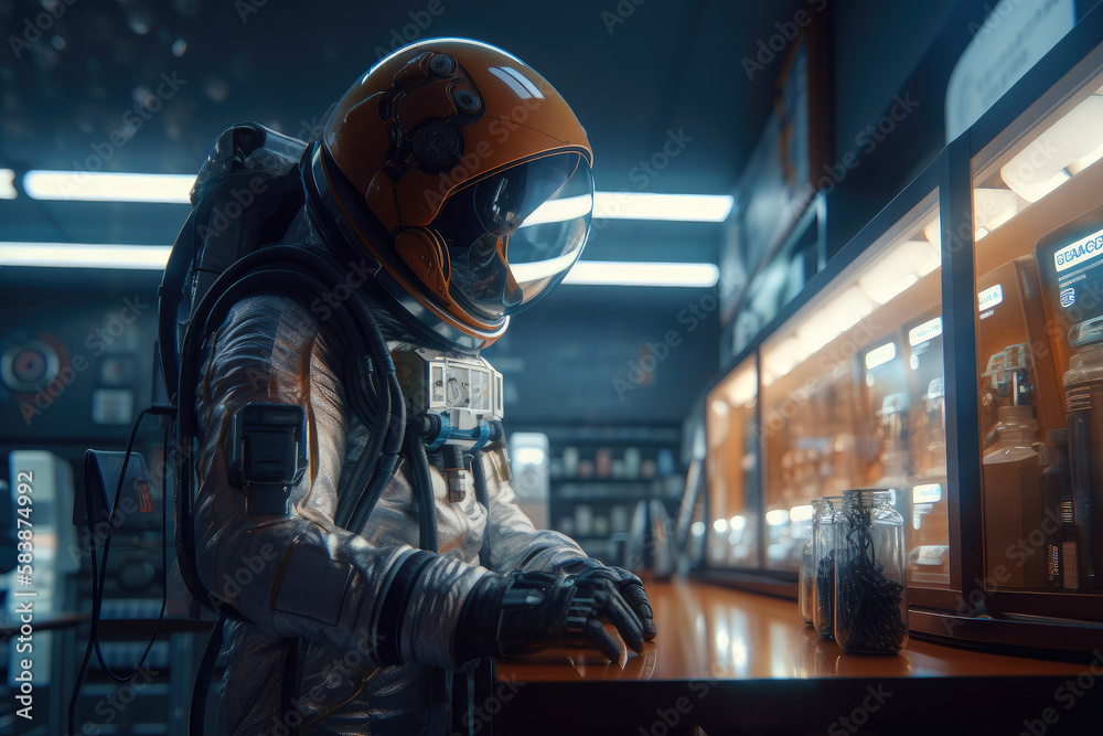 astronaut purchasing items at a futuristic space shop, ai generative