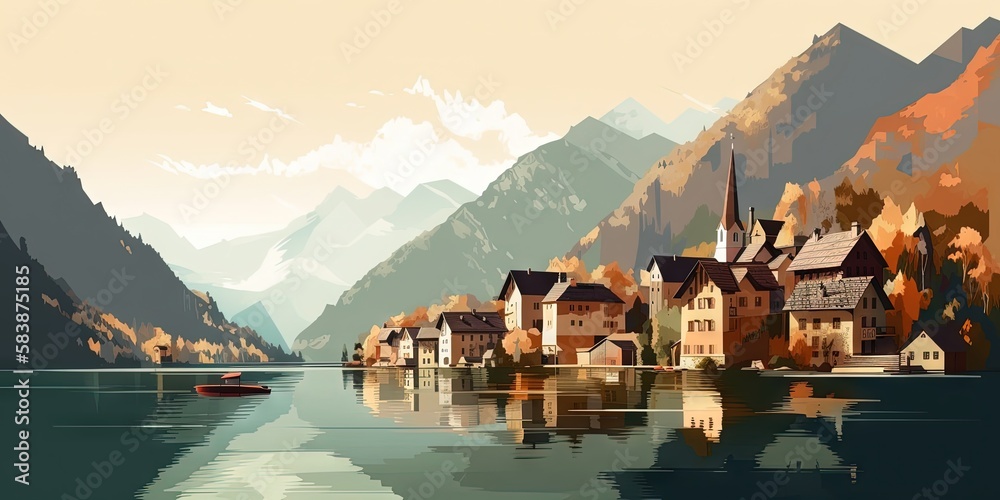 Fototapeta premium Experience Hallstatt, Austria - a stunning village nestled in mountain valley by a lake, Generative AI