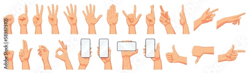 Set of realistic human hands, signs and gestures, figures and finger movements with the phone isolated PNG illustrations on a white background