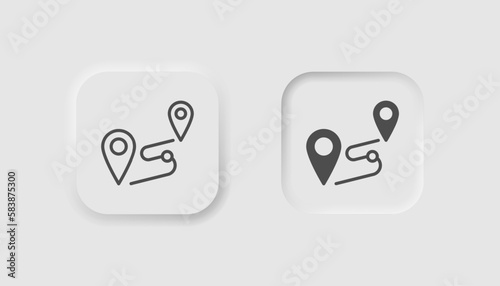 Route icon in neumorphism style. Icons for business, white UI, UX. Trip symbol. Tourism, two location marks, distance. Neumorphic style. Vector illustration.