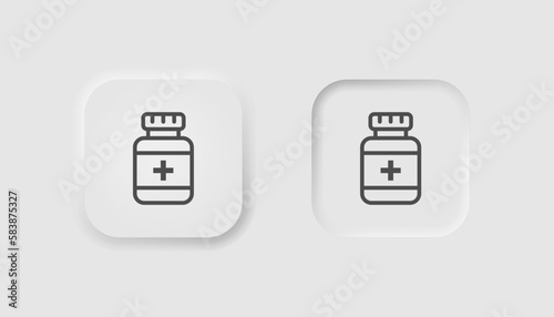 Pill bottle icon in neumorphism style. Icons for business, white UI, UX. Antibiotic, painkiller symbol. Aspirin, medicine, first aid. Neumorphic style. Vector illustration.