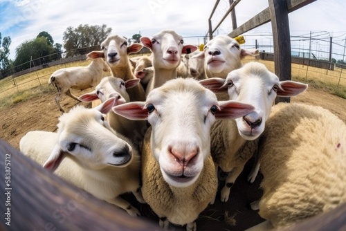 Generative AI illustration of a group of lamb take a selfie in the farm