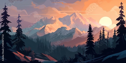 The winter mountains boast a majestic sunrise in their landscape, Generative AI © Oleksii