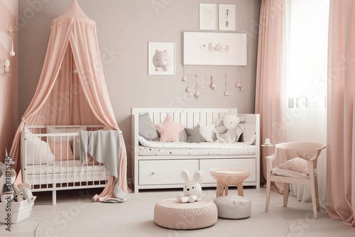 Children room scandinavian style 3D rendering. generative AI digital illustration.