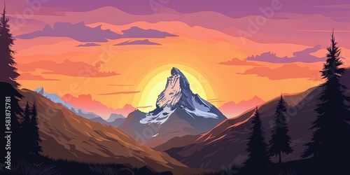 The Matterhorn Peak at sunrise is a stunning natural landscape in Switzerland, a sight to behold during summer, Generative AI