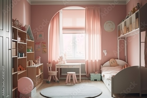 Children room scandinavian style 3D rendering. generative AI digital illustration.