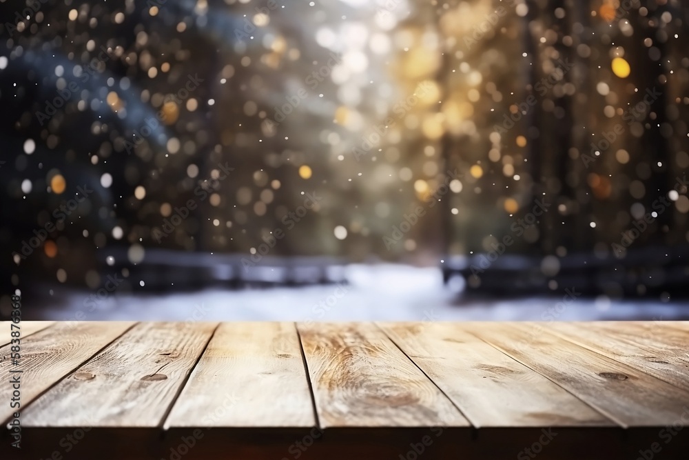 Winter. Wood Table for Product Display on White Snowy with Blurred Background Winter. Wood Table for Product Display on White Snowy with Blurred Background