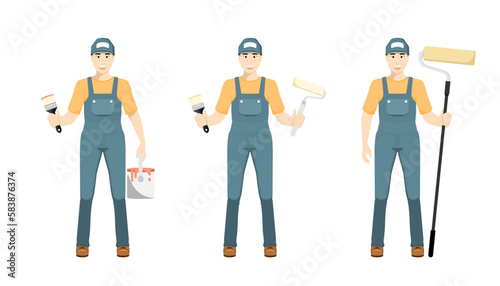 Cartoon different human painters on isolated background, Digital marketing illustration.