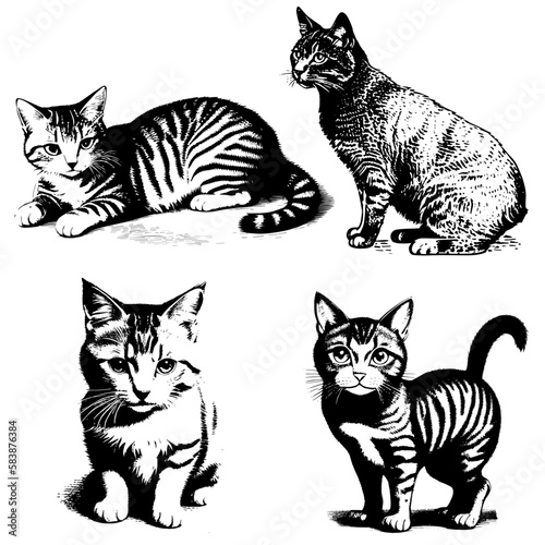 Vector image of cats. Vintage illustration of kittens.