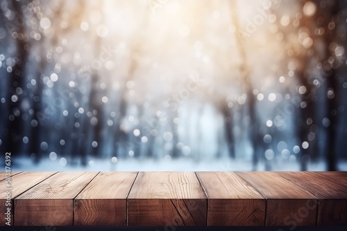Winter. Wood Table for Product Display on White Snowy with Blurred Background