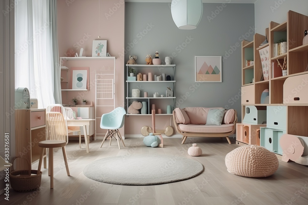 Obraz premium Children room scandinavian style 3D rendering. generative AI digital illustration.