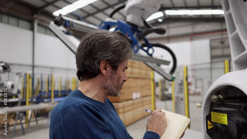 robotic factory worker used a flashlight to carefully observe the
