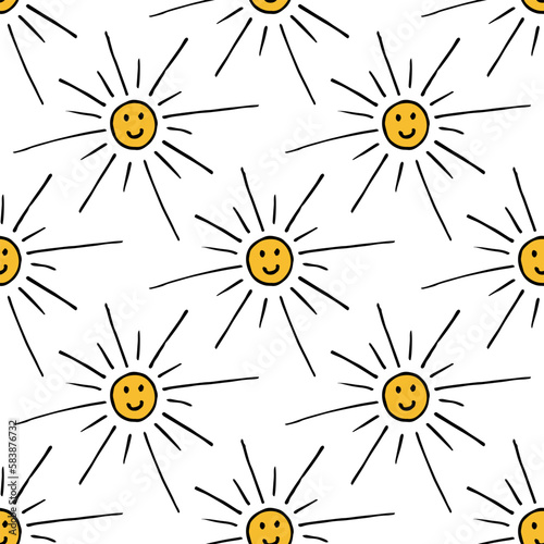 Seamless pattern with yellow sun on white background. Vector image.