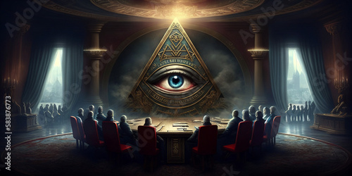 Canvas Print New world order secret society meeting created with Generative AI