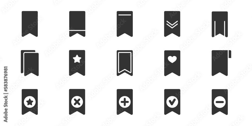 Bookmarks with star, check mark, cross mark, plus, add vector icon set Bookmarks with star, check mark, cross mark, plus, add vector icon set