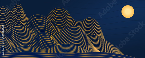 Mountains landscape, moon, waves abstract background. Asian style vector illustration. Hand drawn line art. Design concept Mid Autumn Festival, Chinese New Year backdrop, card, poster, banner