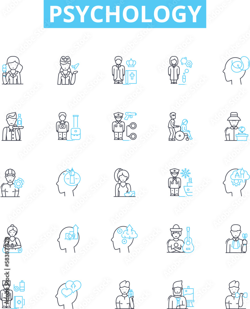 Psychology vector line icons set. Psychology, Behavior, Mental, Mind, Cognitive, Trauma, Therapy illustration outline concept symbols and signs