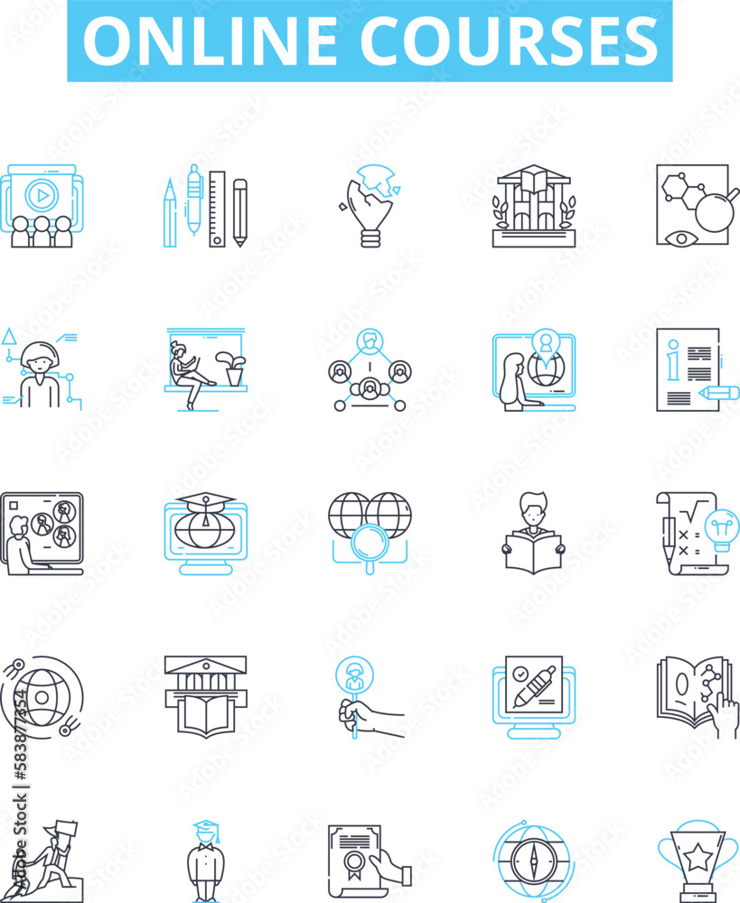 Online courses vector line icons set. E-learning, Training, Webinars, Tutorials, Distance Education, MOOCs, Lectures illustration outline concept symbols and signs