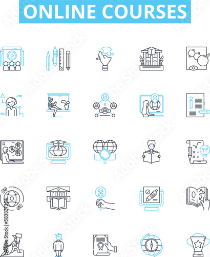 Online courses vector line icons set. E-learning, Training, Webinars, Tutorials, Distance Education, MOOCs, Lectures illustration outline concept symbols and signs