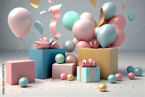 Colorful Birthday, Boxs Gift with helium Balloons and confetti on white background and soft acolors. Ilustration. Generative AI photo
