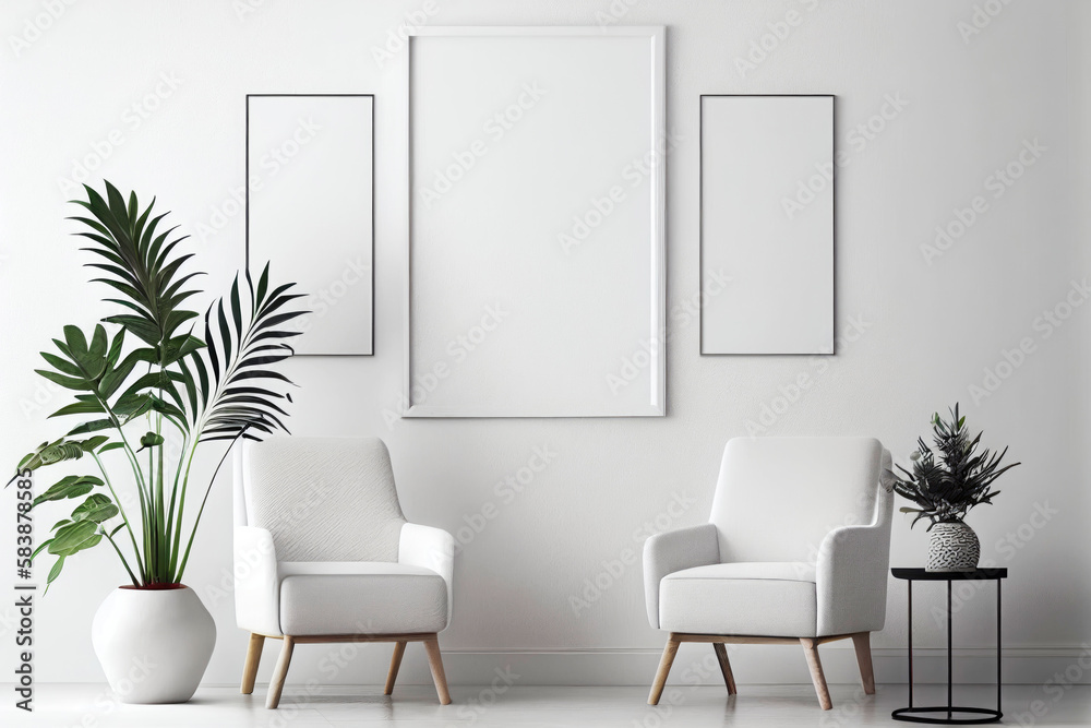 Three frame blank mock up in modern living room interior, white colors and minimalist style. Illustration. Generative AI Three frame blank mock up in modern living room interior, white colors and minimalist style. Illustration. Generative AI