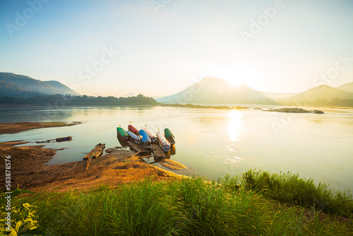 Beautiful view of the Mekong river in the morning,Kaeng Khut couple scenery, Chiang Khan, Thailand photo