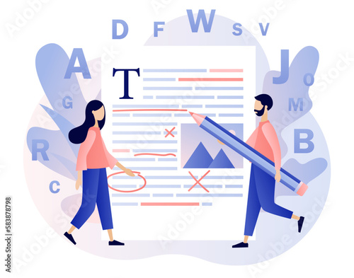 Editor and copywriting services. Online editing. Tiny people copywriters checking grammar and spelling document page. Modern flat cartoon style. Vector illustration on white background