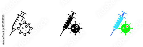 An illustration of a syringe with a virus icon, representing the concept of vaccination and disease prevention. Vector set of icons in line, black and colorful styles isolated.