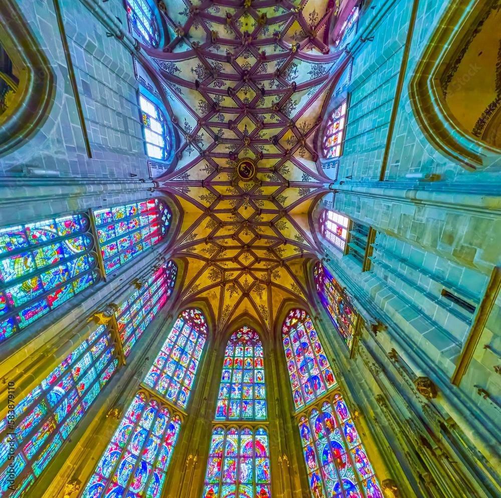 The vault and colorful stained glass windows of Berner Munster, on