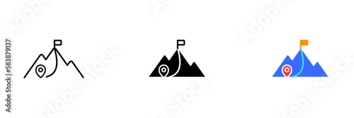 A vector illustration of a mountain with a flag on the peak, symbolizing achievement, success, and overcoming challenges. Vector set of icons in line, black and colorful styles isolated.