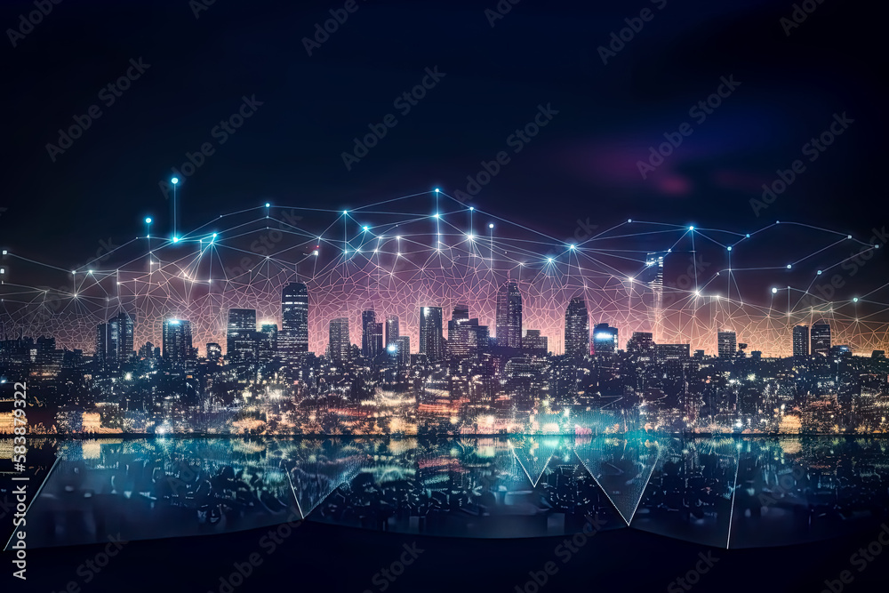 Obraz premium Smart city and dots point shooting up to the sky with gradient lines and Intricate wave line design, big data connection technology concept.