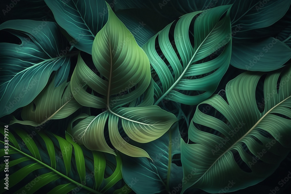 Abstract background of exotic green leaves with generative AI technology