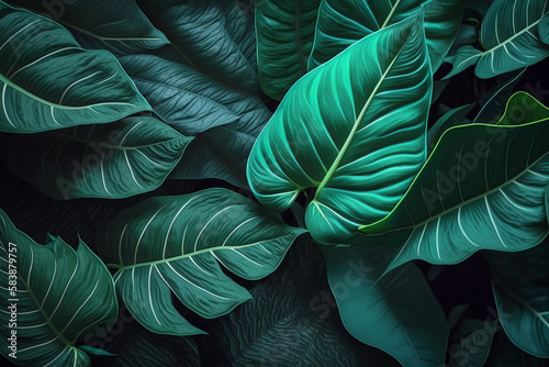 Abstract background of exotic green leaves with generative AI technology