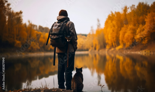 Lonely traveler with a pet. Man with backpack stands near the lake and grey cat sit beside him. Yellow autumn trees at backdrop. Generative AI.
