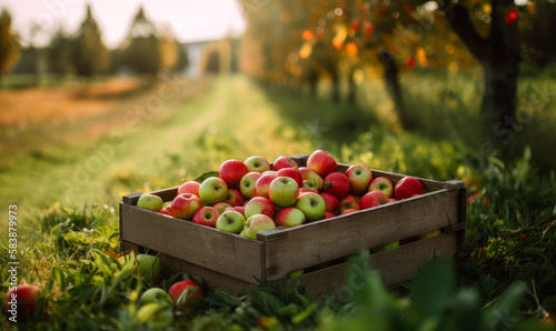 Harvest of apples picked in a wooden crate. Autumn crop of organic fruit left in the garden. Blurred nature backdrop. Generative AI.