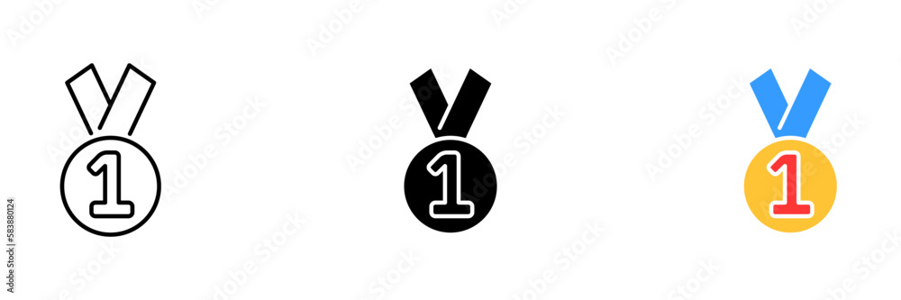 A medal with a ribbon, awarded to the first place winner in a competition or event. Vector set of icons in line, black and colorful styles isolated.