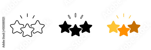 A set of three stars in various colors and shapes, often used to indicate high quality, good performance, or achievement. Vector set of icons in line, black and colorful styles isolated.