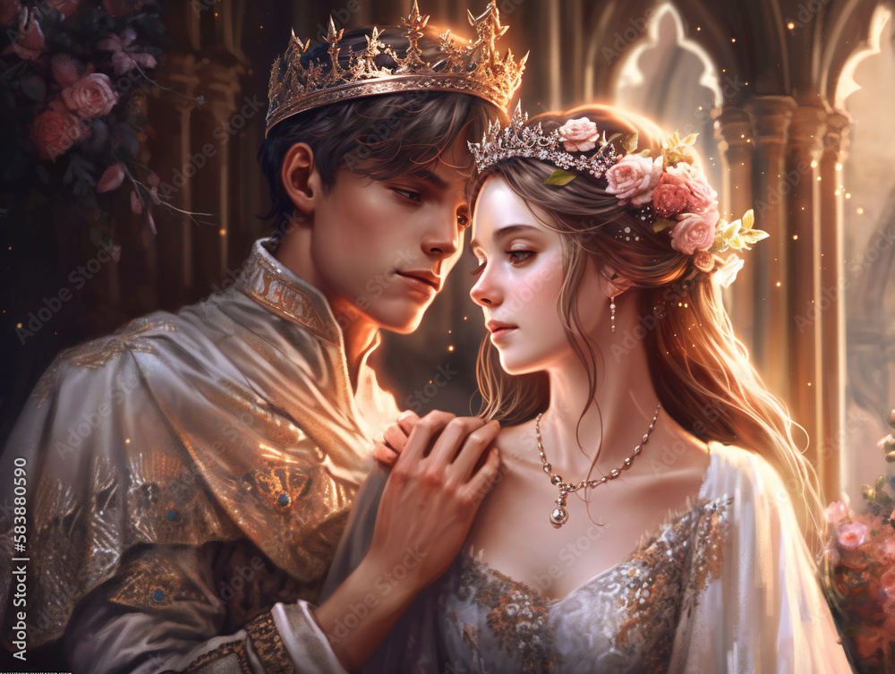 regal prince and princess romance, enchanting fairy tale couple illustration, generative AI regal prince and princess romance, enchanting fairy tale couple illustration, generative AI