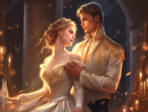 regal prince and princess romance, enchanting fairy tale couple illustration, generative AI photo