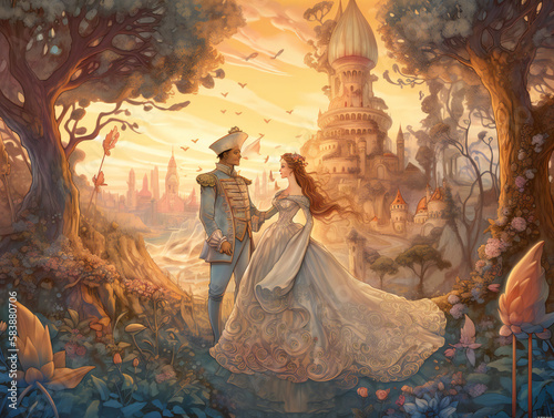 enchanting royal couple, prince and princess in love, fairy tale romance illustration, generative AI