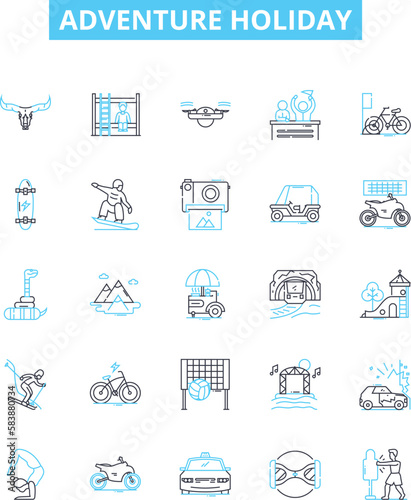 Adventure holiday vector line icons set. Voyage, Expedition, Trek, Tour, Holiday, Camp, Journey illustration outline concept symbols and signs
